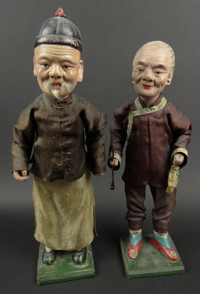 Pair of Old Chinese or Japanese Hakata Doll or Papier: Pair of Old Chinese or Japanese Hakata Doll or Papier Mache Figures. Both Mounted on Painted Green Bases. Unsigned. Small Loss, and an Earring Missing to the Female Doll, Or Else Good Condition. Talle
