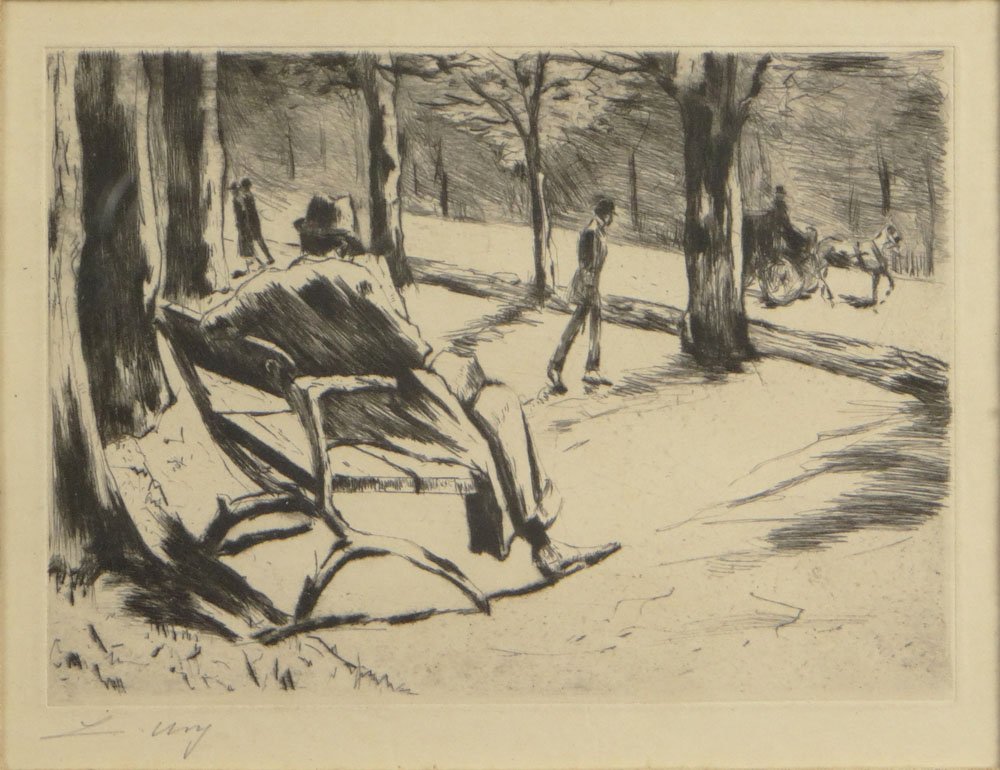 Early to Mid 20th Century Continental School Etching: Early to Mid 20th Century Continental School Etching "Sitting in the Park" Signed Lower Left Illegible. Frame Label States: a Heydenryk Frame. House of Heydenryk, West 54th Street, New York. Good to V