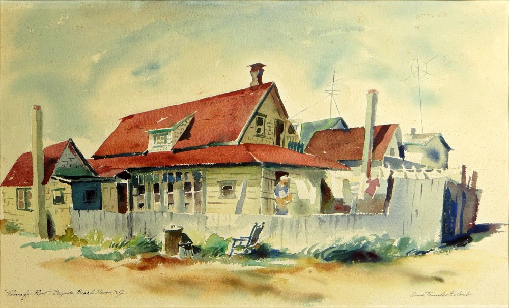 20th Century American School Watercolor on Paper Signed: 20th Century American School Watercolor on Paper Signed Anne Temeles Golomb "Rooms for Rent" Bayside Beach Haven New Jersey. Minor Foxing or else Good to Very Good Condition. Frame Measures 16 Inches 