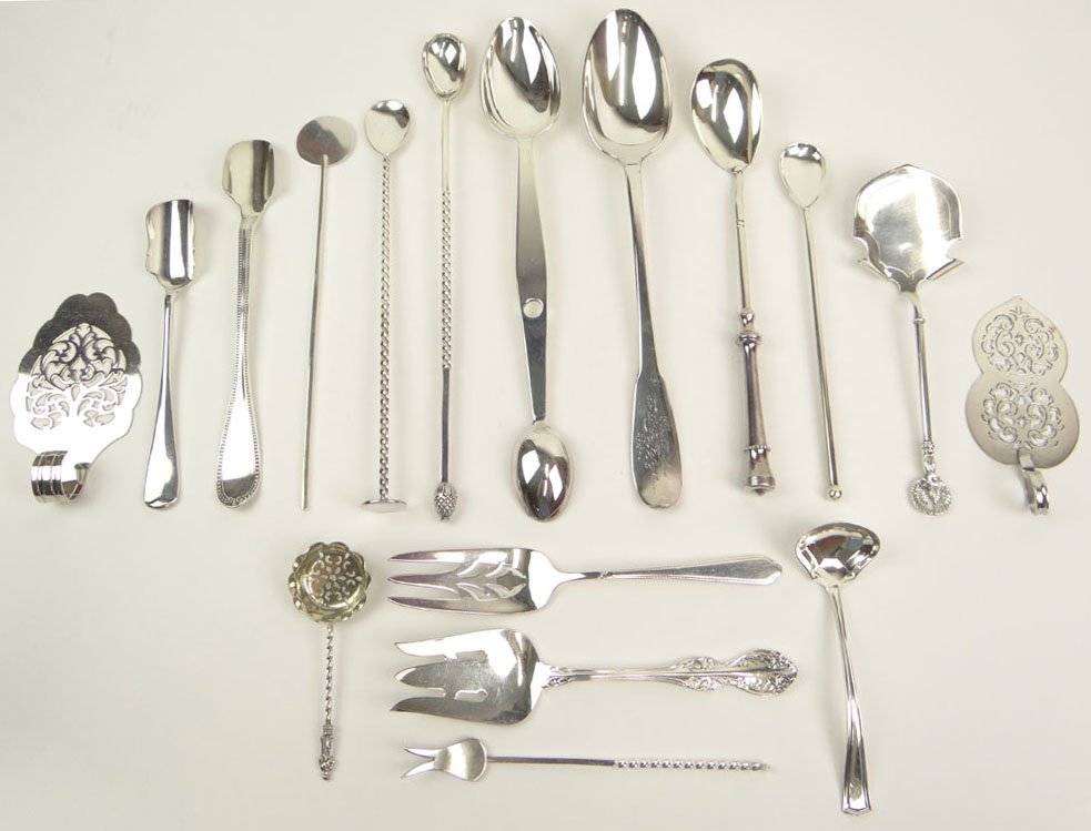 Seventeen (17) Miscellaneous Silverplate and a Few: Seventeen (17) Miscellaneous Silverplate and a Few Stainless Flatware Items Including: Rochambeau Presentation Stuffing Spoon, Double Sided Bar Spoon, Two (2) Nappy Spatulas, Two (2) Marrow Spoons, Si