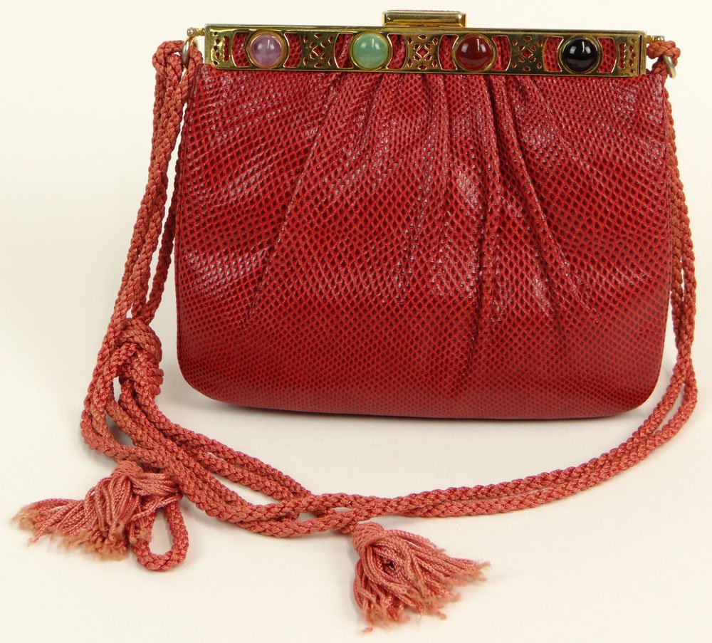 Lady' Vintage Judith Leiber Lizard Purse with Gold Tone: Lady' Vintage Judith Leiber Lizard Purse with Gold Tone Hardware and Hardstone Accents. Signed. Good Used Condition, Slight Wear to Woven Cord Shoulder Strap. Measures 5-7/8 Inches Tall and 6-7/8 Inch