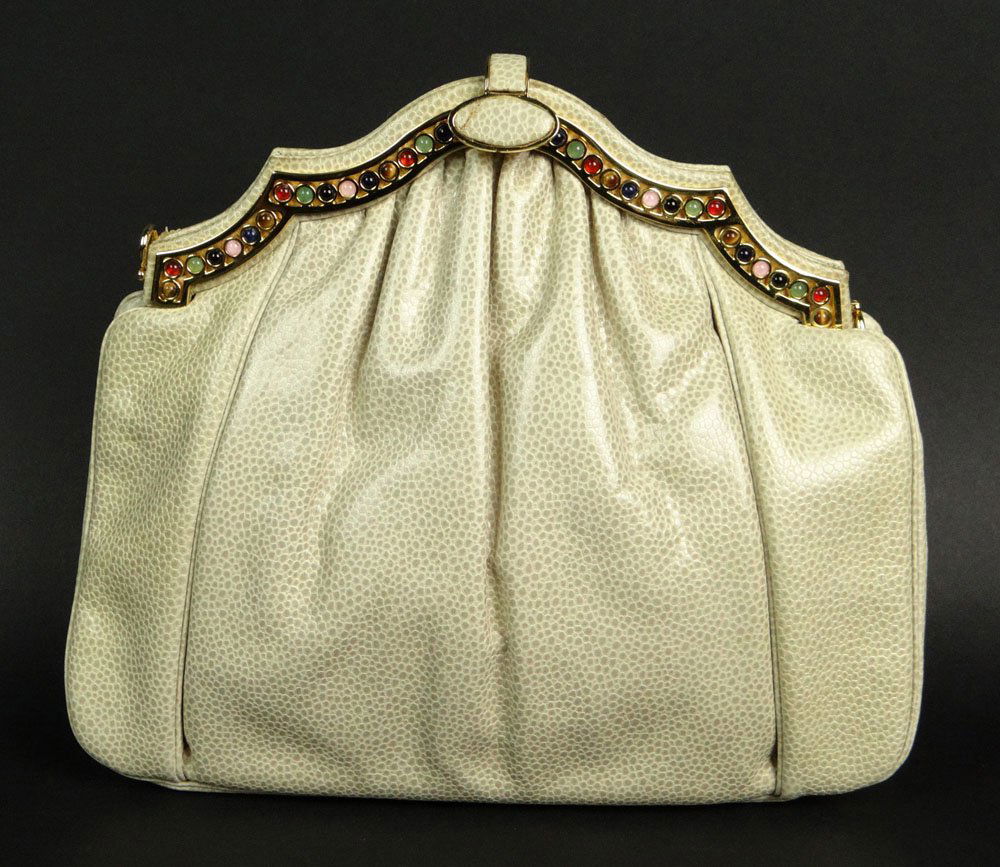 Judith Leiber Leather Handbag with Gold Tone Hardware: Judith Leiber Leather Handbag with Gold Tone Hardware with Inset Multi Color Stones. Signed. Very Minor Wear Otherwise Good Condition or Better. Measures 8-3/8 Inches Tall and 9-1/2 Inches Wide. Shipp