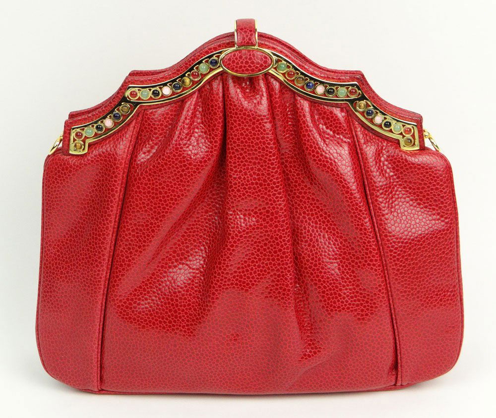 As New Unused Judith Leiber New York Leather Handbag: As New Unused Judith Leiber New York Leather Handbag with Gold Tone Hardware with Inset Multi Color Stones. Signed. As New Condition. Measures 8-3/8 Inches Tall and 9-3/8 Inches Wide. Shipping $38.00