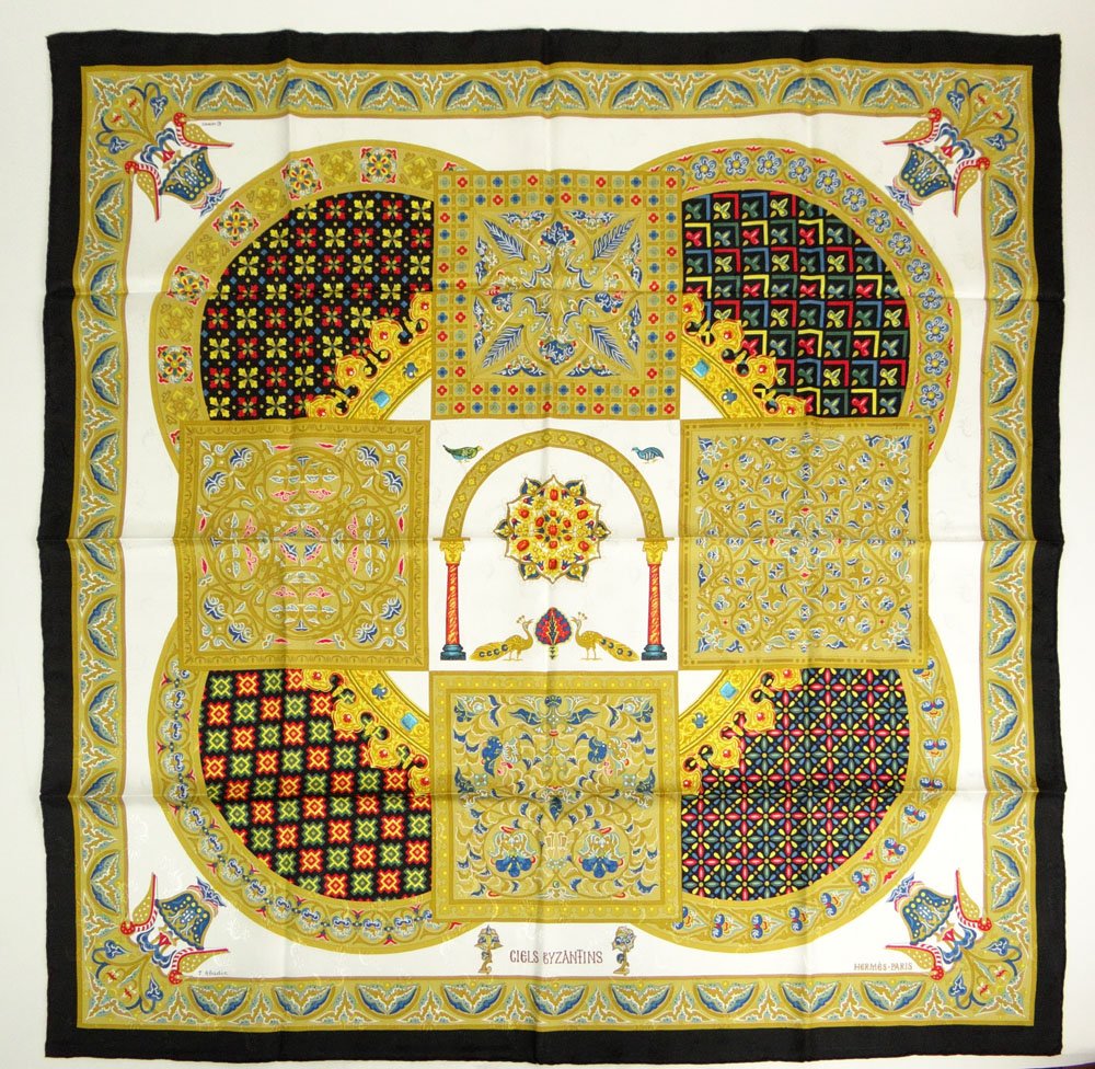 New and Unused French Hermes Silk Twill Scarf with: New and Unused French Hermes Silk Twill Scarf with Byzantine Design. Signed. As New Condition in Original Plastic Sleeve with Paperwork. Measures 36 Inches Square. Shipping $24.00