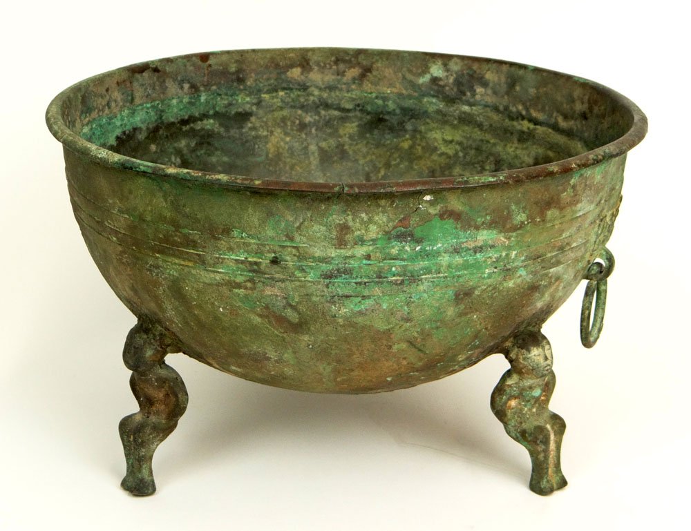 Chinese Western Han Dynasty (206BC-8/9AD) Archaic: Chinese Western Han Dynasty (206BC-8/9AD) Archaic Bronze Strainer, Vessel, Bowl on Tripod Feet with Ring Handles. Unsigned. Good Condition. Measures almost 6-1/2 Inches Tall and 10-3/4 Inches Diameter
