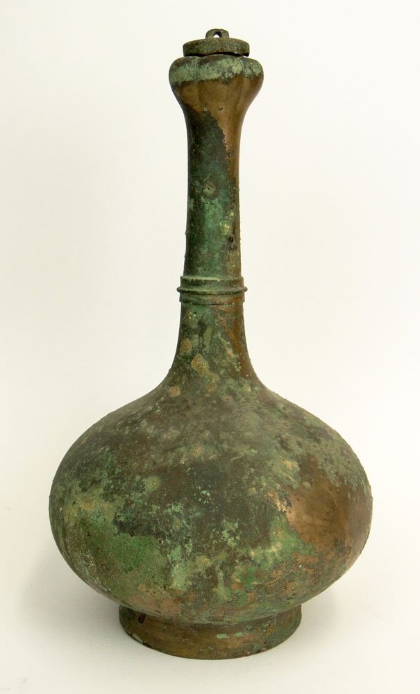 Chinese Western Han Dynasty (206BC-89AD) Archaic Bronze: Chinese Western Han Dynasty (206BC-89AD) Archaic Bronze Wine Vessel with Garlic Head and Original Cover and Recessed Splayed Foot. Unsigned. Good Condition. Measures almost 16 Inches Tall and 8-3/4 In