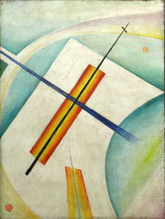 attributed to: Nikolay Suetin, Russian (1897-1945) Oil: attributed to: Nikolay Suetin, Russian (1897-1945) Oil on Canvas "Supermatist Composition". Signed in Cyrillic en verso. Good Condition. Measures 31-1/2 Inches Tall and 23-5/8 Inches Wide, Unframed. S