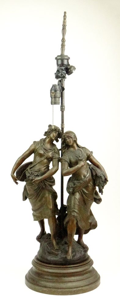 after: Auguste Moreau, French (19/20th Century) White: after: Auguste Moreau, French (19/20th Century) White Metal Sculpture Group with Bronze Patina "Cigale et Fourmi" on White Metal Base. Incised Signature and Stamped "Fabrication Francais Paris" to Bas