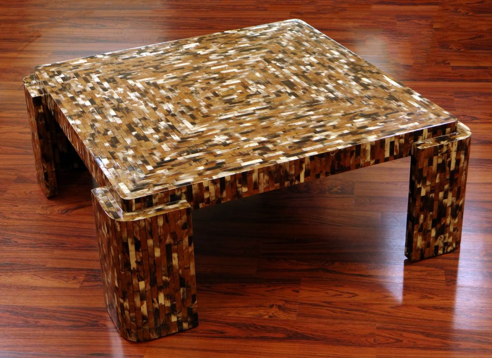 Karl Springer, American (1931-1991) Circa 1970's Horn: Karl Springer, American (1931-1991) Circa 1970's Horn Veneered Coffee Table. Signed Made in Colombia. Good Condition or Better. Measures 16 Inches Tall and 41-1/2 Inches Square. We will not ship this