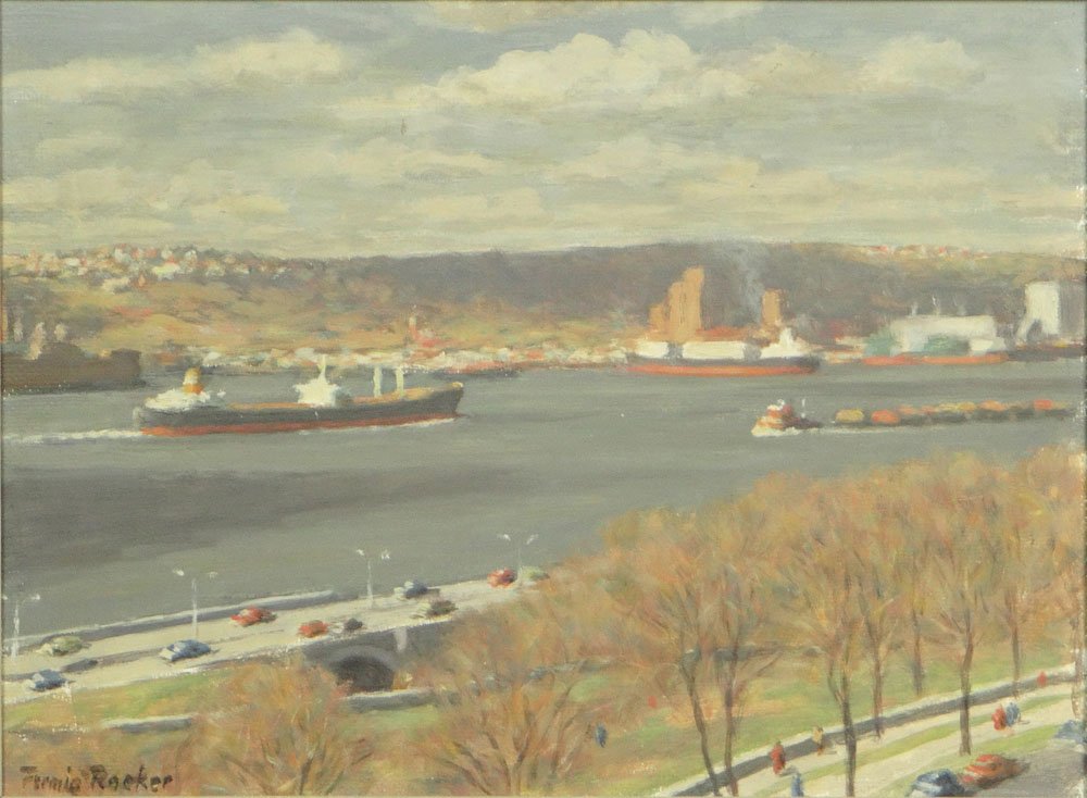 Fermin Rocker American-New York (1907-2004) Oil on: Fermin Rocker American-New York (1907-2004) Oil on Board "View of the Hudson River and Across to New Jersey". Signed Lower Left. Sally Hunter Fine Art London, England Gallery Label en Verso with All I