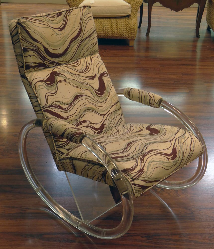 Charles Hollis Jones Circa 1970's Lucite and: Charles Hollis Jones Circa 1970's Lucite and Upholstered Rocking Chair. Unsigned. Minor Surface Wear and Crazing to Lucite Consistent with Age and Normal Use Otherwise Good Condition. Measures 38 Inch