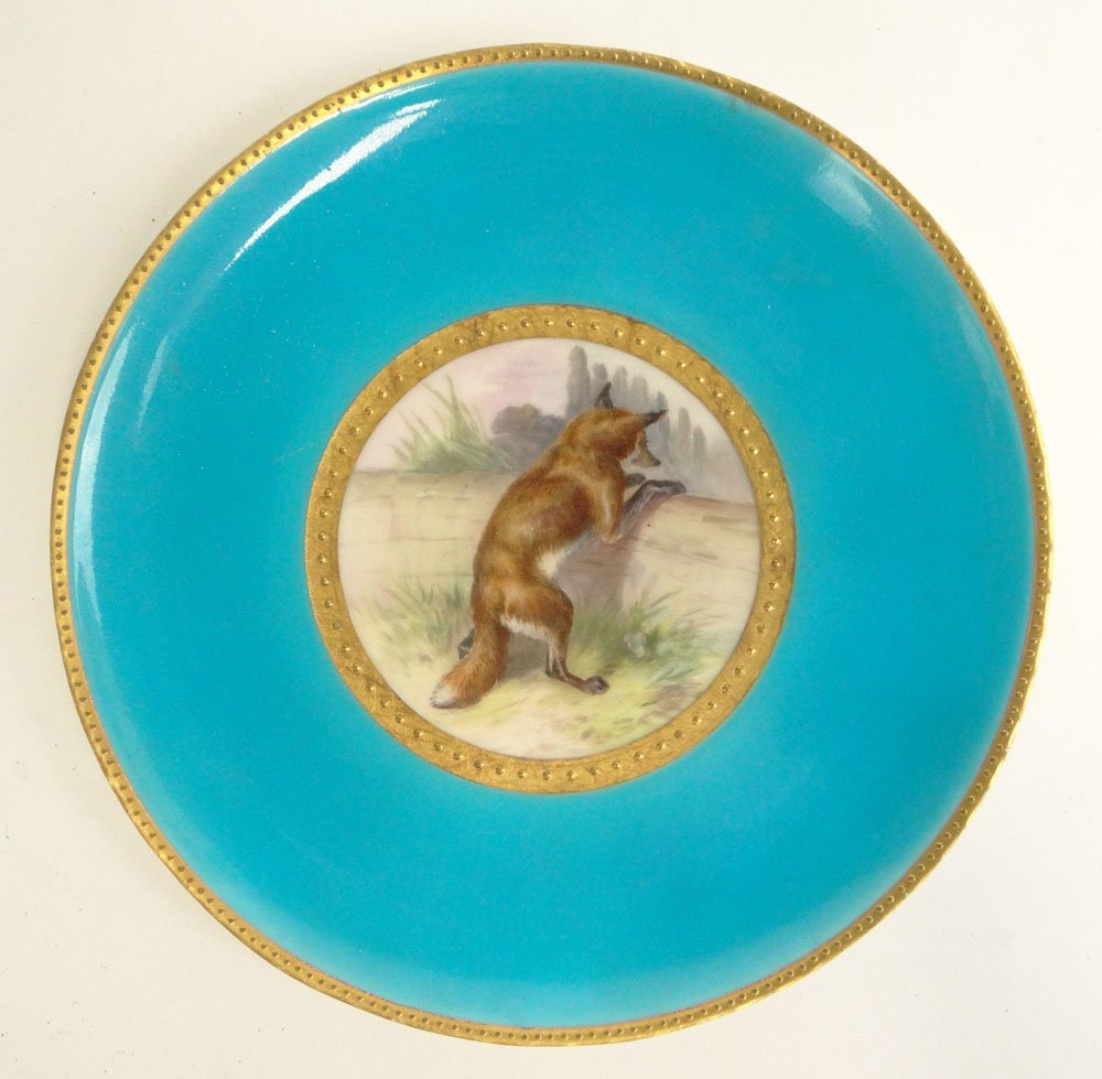 19th Century English Mintons Cabinet Plate with Painted: 19th Century English Mintons Cabinet Plate with Painted Cunning Fox Scene and Raised Gilt Decoration. Very Faint Impressed mark and English Registry Mark. Crazing to Glaze in Areas Otherwise Good Cond