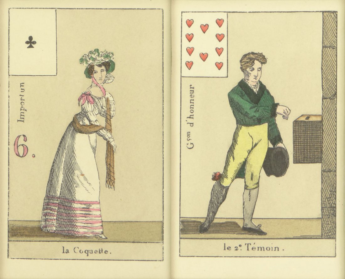 Two (2) 20th Century Continental Handcolored Prints: Two (2) 20th Century Continental Handcolored Prints Emulating 19th Century French Playing Cards. Very Good Condition. Frames Measure 9-1/4 Inches by 7-1/8 Inches. Shipping $40.00