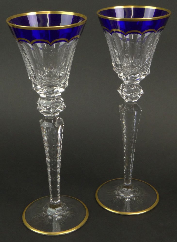 Pair of St. Louis Cut Crystal Goblets in the Excellence: Pair of St. Louis Cut Crystal Goblets in the Excellence (gold trim blue) Pattern. Etched Signature to Base. Very Good Condition. Measure 10-1/4 Inches Tall and 3-3/8 Inches Wide at Rim. Shipping $30.0