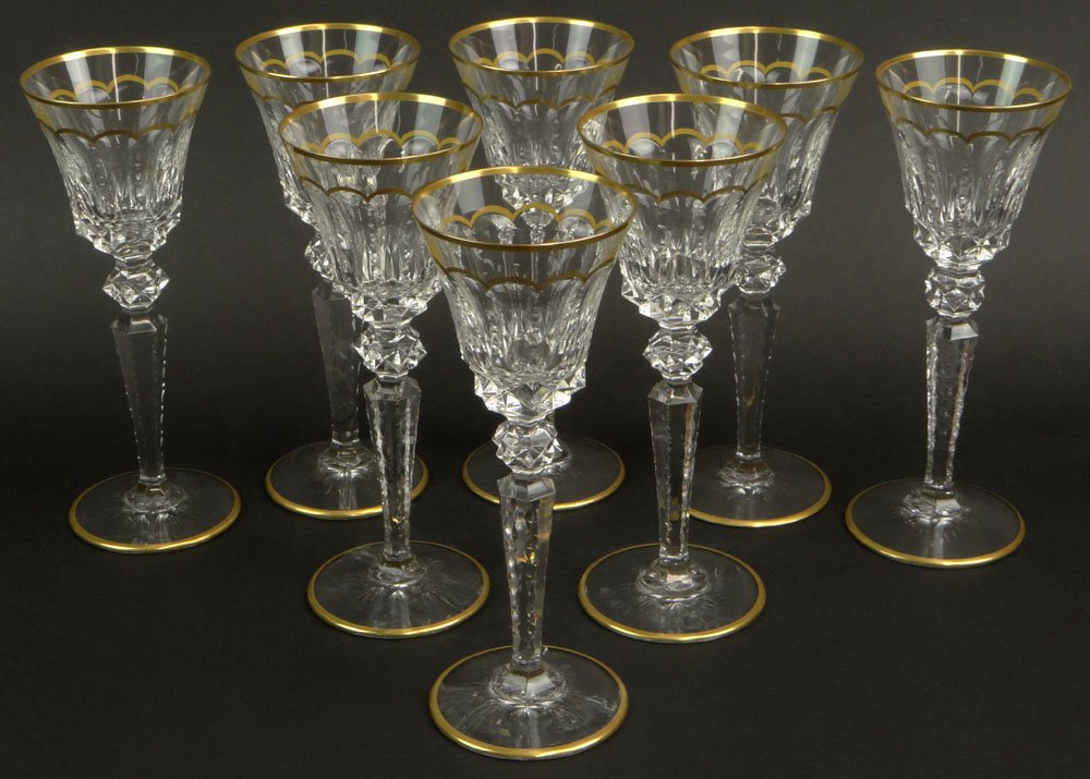Eight (8) French St. Louis Cut Crystal Burgundy Wine: Eight (8) French St. Louis Cut Crystal Burgundy Wine Goblets in the Excellence (gold trim) Pattern. Etched Signature to Base. Very Good Condition. Measure 8-3/4 Inches Tall and 3-1/4 Inches Wide at Ri