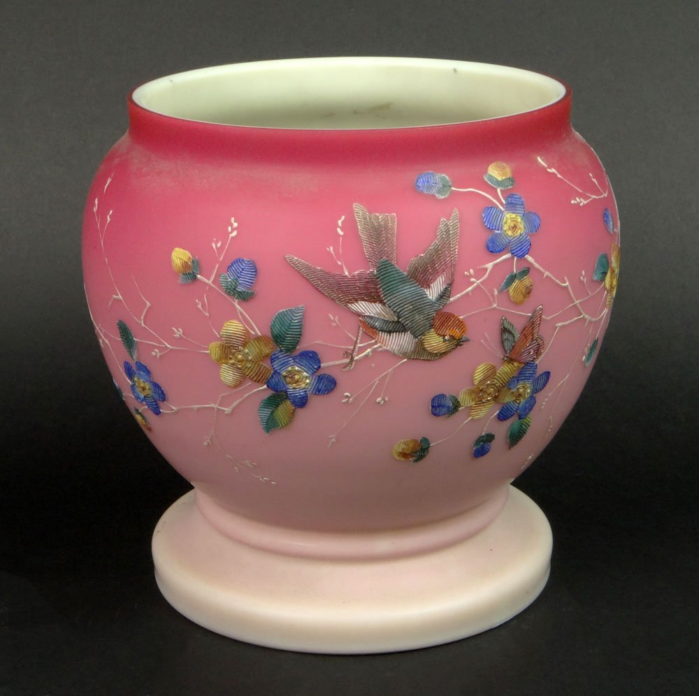 Attributed to Thomas Webb and Sons (Co.), English: Attributed to Thomas Webb and Sons (Co.), English (established 1837) Circa 1880's "Peachblow" Enameled Ovoid Shaded Pink Vase with Bird, Butterfly and Flowering Branch Design. Unsigned. Good Condition