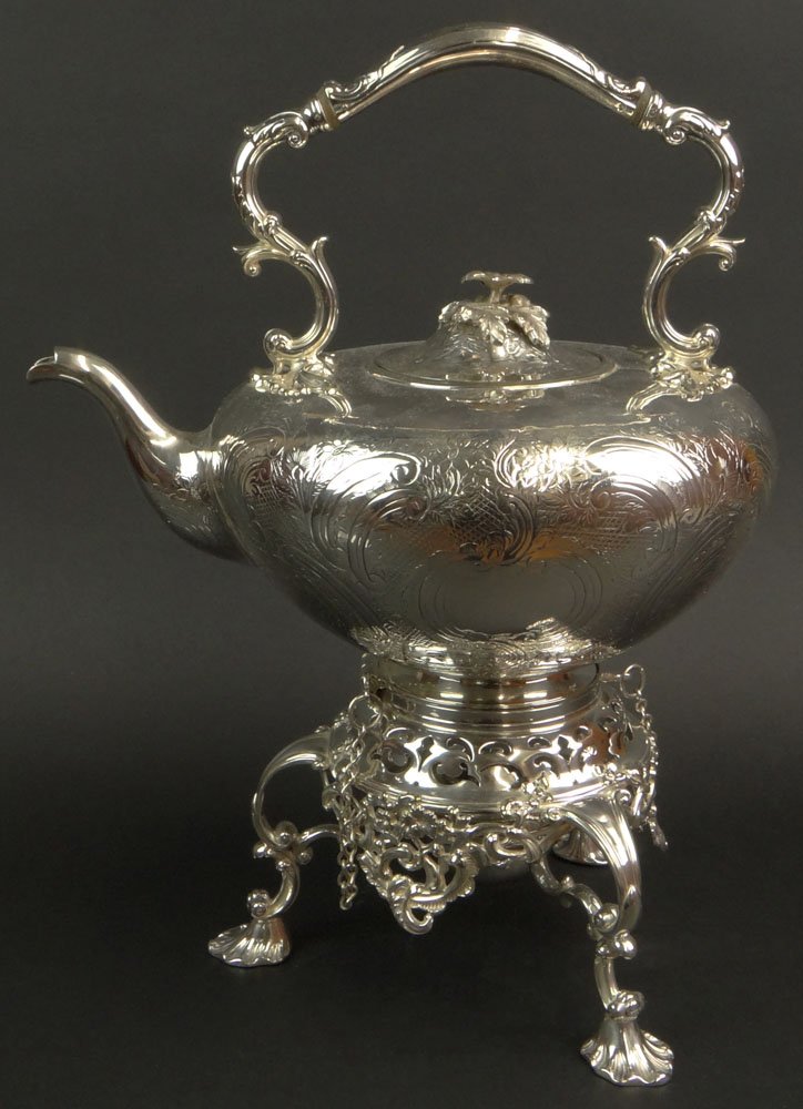 19th Century T. & J. Creswick & Co. of Sheffield: 19th Century T. & J. Creswick & Co. of Sheffield England Silver Plate Tea/Hot Water Bottle Kettle on Stand and Burner. Signed with Crossed Arrows and a Hallmark Cross. Kettle Measures 15-3/4 Inches Ta
