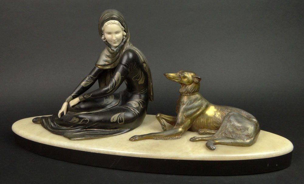 Continental Art Deco Polychrome Bronze and Ivory: Continental Art Deco Polychrome Bronze and Ivory Sculpture "Seated Girl with Borzoi or Russian Wolfhound" Probably French Mounted on Onyx Base. Unsigned. Patina on Dog is Gilt and Silvered and Shows R