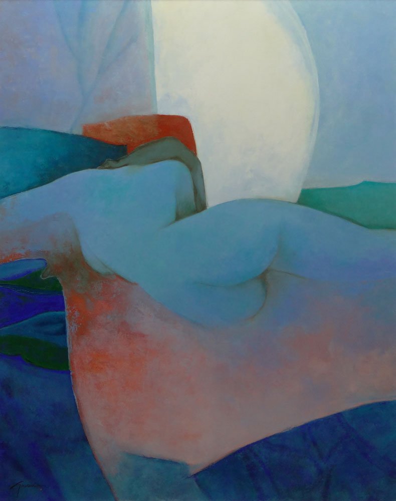 Claude Gaveau French (born1940- ) Oil on Canvas: Claude Gaveau French (born1940- ) Oil on Canvas "Psyche" Signed Lower Left, Signed again, copyright and Titled en Verso. Very Good Condition. Measures 39-1/2 Inches by 32 Inches, Frame Measures 43-1/4