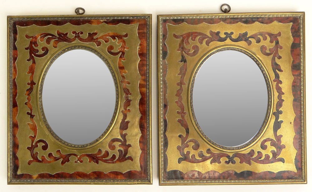 Pair of Vintage Italian Boulle Style Brass and Faux: Pair of Vintage Italian Boulle Style Brass and Faux Tortoise Shell Small Mirror Frames. Unsigned. Good Condition or Better. Frames Measures 5-5/8 Inches Tall and 4-3/4 Inches Wide. Shipping $32.00