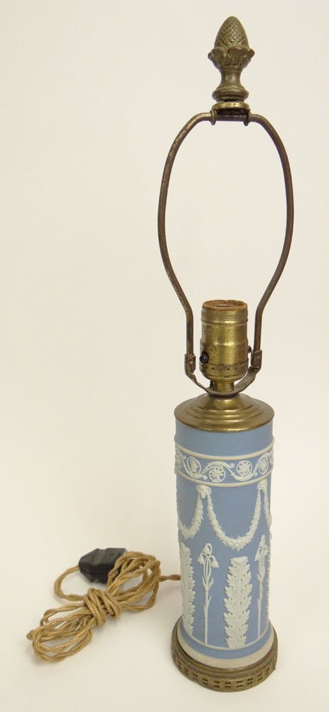 Vintage English Wedgwood Blue and White Jasperware: Vintage English Wedgwood Blue and White Jasperware Lamp. No Visible Signature. Good Condition or Better. Measures (to top of finial) 18-1/4 Inches Tall and 3-1/4 Inches Wide at Base. Shipping 48.00