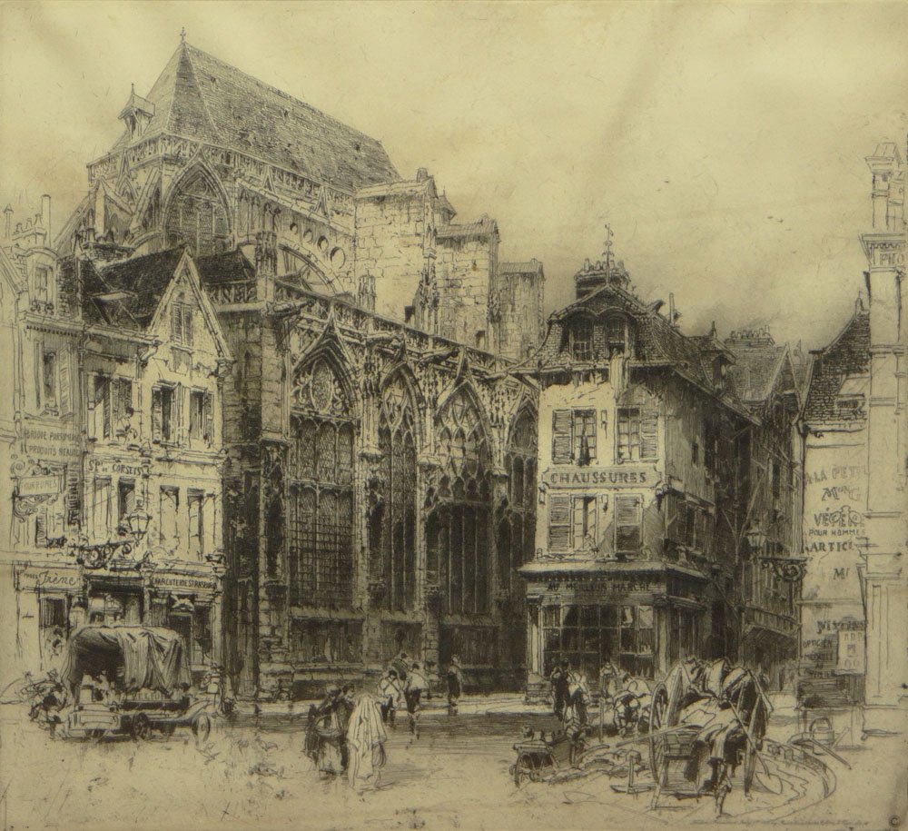 Circa 1923 English Etching "Paris Street Scene" Signed: Circa 1923 English Etching "Paris Street Scene" Signed Lower Right Hedling Hilton or something close thereto, Robert Dunthorne & Sons Publisher. Toning Otherwise Good Condition. Measures 15-1/8 Inches