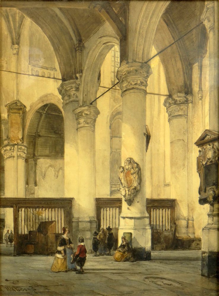 19th Century or Earlier Continental School Watercolor: 19th Century or Earlier Continental School Watercolor "Gothic Church Interior Scene". Signed (illegible) Lower Left. Good Condition or Better. Measures 15 Inches Tall and 10-1/2 Inches Wide (by sight)