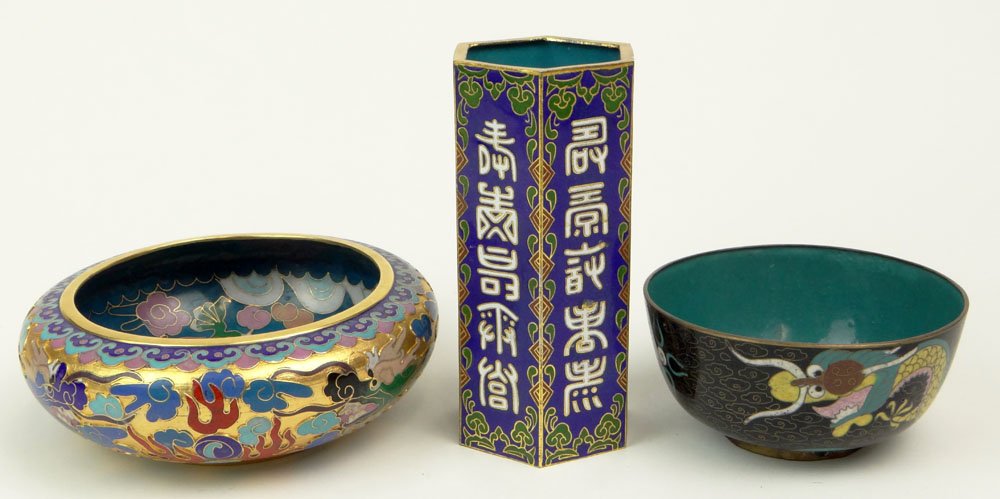 Three (3) Chinese CloisonnÃ© Items Including Two (2): Three (3) Chinese CloisonnÃ© Items Including Two (2) Bowls and a Hexagonal Brush Holder. Calligraphy to Brush Holder Otherwise Unsigned. Enamel Losses to Interior of Small Bowl Otherwise Good Condit