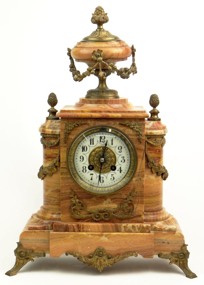 Late 19th Century French Louis XVI-style Bronze Mounted: Late 19th Century French Louis XVI-style Bronze Mounted Marble Clock with Porcelain Dial. Movement Signed B&G. Complete with Pendulum and Key. No Determination of Running Condition. Case and Dial in G