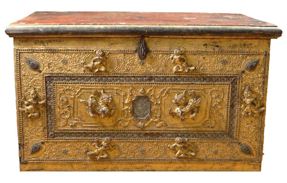 Early 19th Century Burmese Carved, Lacquer and Gilt: Early 19th Century Burmese Carved, Lacquer and Gilt Wood Trunk with Lift Lid and with Relief Carved Buddhist Lions and Dragon Decoration. Unsigned. Holes to Top Indicating Missing Elements, Losses, Ru