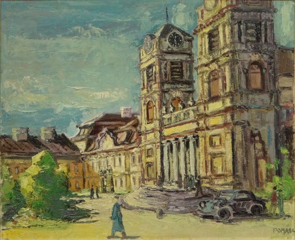 Franz Pomassl, Austrian (1903-1982) Oil on Board "Town: Franz Pomassl, Austrian (1903-1982) Oil on Board "Town Square with Church". Signed Lower Right. Good Condition or Better. Measures 19-1/4 Inches Tall and 23-1/2 Inches Wide, Frame Measures 25-1/4 Inch