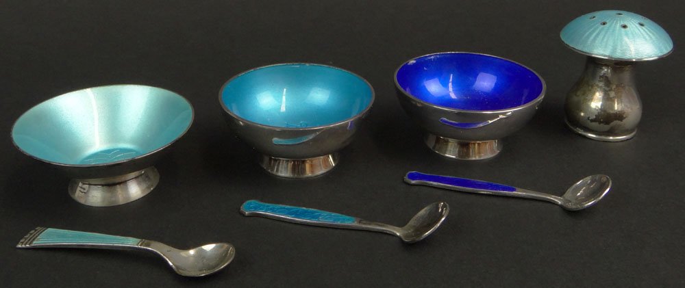 Lot of Seven (7) Danish Sterling Silver and Guilloche: Lot of Seven (7) Danish Sterling Silver and Guilloche Enamel Pieces Including: Ela, Denmark Signed Open Salt Cellar, Matching Spoon and Mushroom Pepper in Original Fitted Case together with Two (2) Me