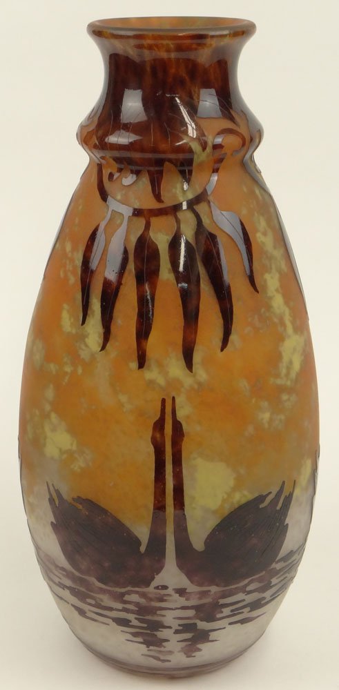 A Large Impressive Charder "Swan" French Cameo Glass: A Large Impressive Charder "Swan" French Cameo Glass Vase. Overlaid and acid-etched with swans and leafy branches. Cut and Polished Pontil. Signed with Carved Mark Charder. Very Good Condition. Measur
