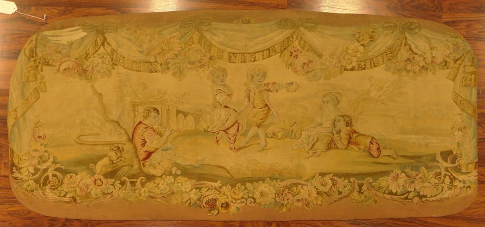 19th Century French Aubusson Tapestry Fragment.: 19th Century French Aubusson Tapestry Fragment. Unsigned. Fading, Worn Spots and Minor Splits, Please Examine Carefully Before Bidding. Measures 26 Inches Tall and 60 Inches Wide. Shipping $40.00
