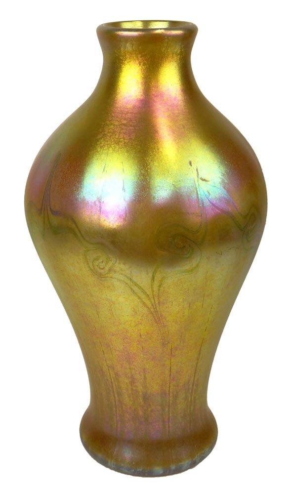 Monumental Circa 1910 Tiffany Studios Favrille Glass: Monumental Circa 1910 Tiffany Studios Favrille Glass Vase. Decorated with a Pulled Decoration in Colors of Gold and Green. Etched Signed L.C.T. 1868 A on Base. Surface Wear Consistent with Age Otherwi