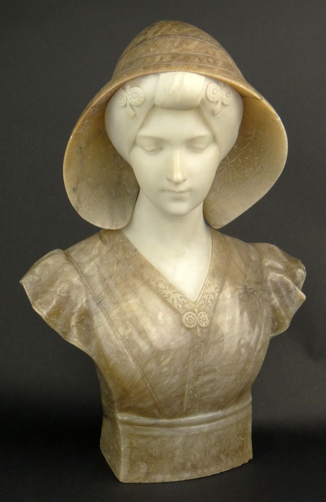Beautiful Pugi Italian, (1870-1915) Carved Alabaster: Beautiful Pugi Italian, (1870-1915) Carved Alabaster Bust Figure of a Young Girl with Hat. Very Nicely Detailed. One (1) Chip to inside Rim of Hat Otherwise in Good Condition. Measures 20 Inches Tall
