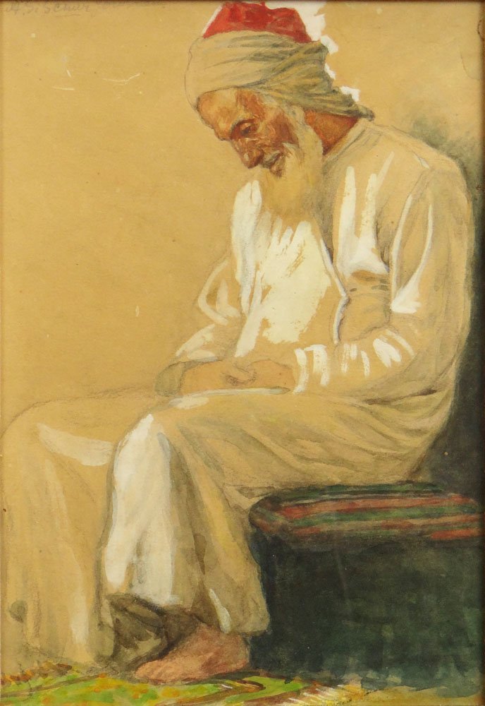 Aaron Shaul Schur Israeli (1864-1945) Watercolor,: Aaron Shaul Schur Israeli (1864-1945) Watercolor, Pencil and Heightener on Paper "Yemenite Man". Signed Upper Left. Good to Very Good Condition. Measures 10-1/2 Inches by 7 Inches Sight, Frame Measure