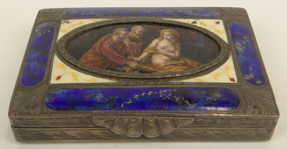 Miniature Chased Silver and Enamel Box Featuring a Hand: Miniature Chased Silver and Enamel Box Featuring a Hand Painted Scene with 2 Men and a Nude Woman. The Lid Also With More Decorative Enamel Work. The Interior Partially Gilded. Marked 800. Good Condit