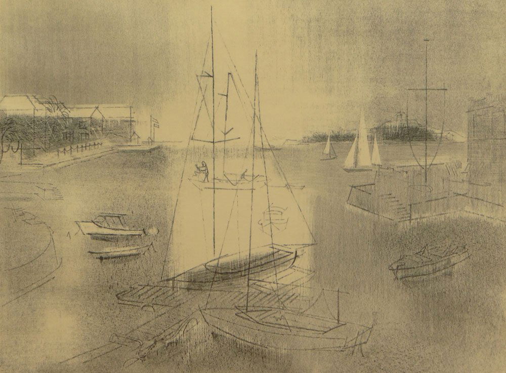 Joe Jones, American (1909-1963) Original AAA Lithograph: Joe Jones, American (1909-1963) Original AAA Lithograph "Harbor Sails" Signed in Pencil Lower Right. Original Associated American Artists (AAA) Label En Verso. Some Toning and Foxing or in Otherwise G