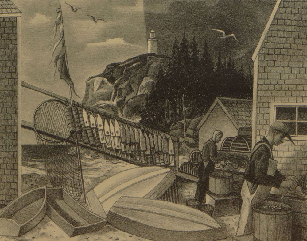 Ernest Fiene, German/American (1894-1965) Original AAA: Ernest Fiene, German/American (1894-1965) Original AAA Lithograph "Fisherman's Cove, Maine" Signed in Pencil Lower Right. Original Associated American Artists (AAA) Label En Verso. Some Toning and Fox