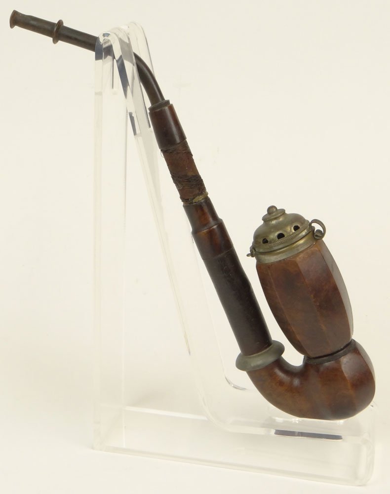 Large Antique Lidded Wood Pipe, Probably German. Large: Large Antique Lidded Wood Pipe, Probably German. Large Removable Carved Bowl with Metal Lid. Long stem with Threaded area and Horn Stem. Unsigned. Displays on custom Lucite Stand. Antique Condition, w