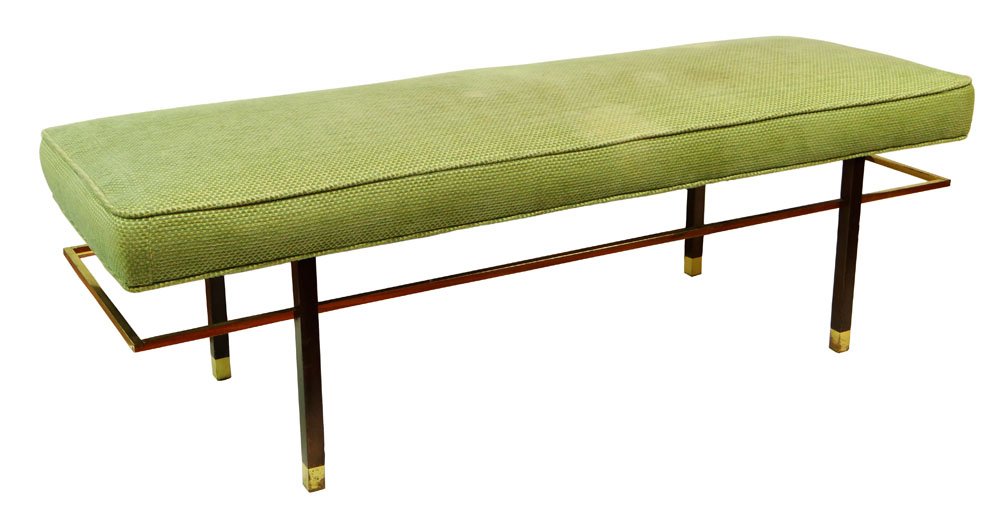 Harvey Probber, American (1922-2003) Mahogany and Brass: Harvey Probber, American (1922-2003) Mahogany and Brass Bench with Upholstered Seat. Unsigned. Rubbing and Surface Scratches, Soiling to Fabric Otherwise Good Condition. Measures 18-1/2 Inches Tall, 5