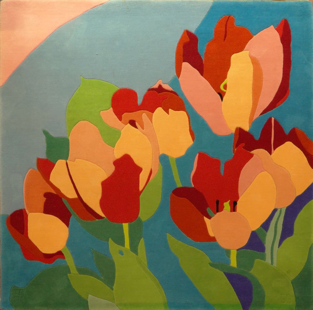 Edward Fields Wool Carpet with Tulip Motif, "Grand: Edward Fields Wool Carpet with Tulip Motif, "Grand Opening". Artist Signed and label en verso. Good Condition or Better Mounted as a Tapestry. Measures 84 Inches Tall and 86 Inches Wide. We will not s