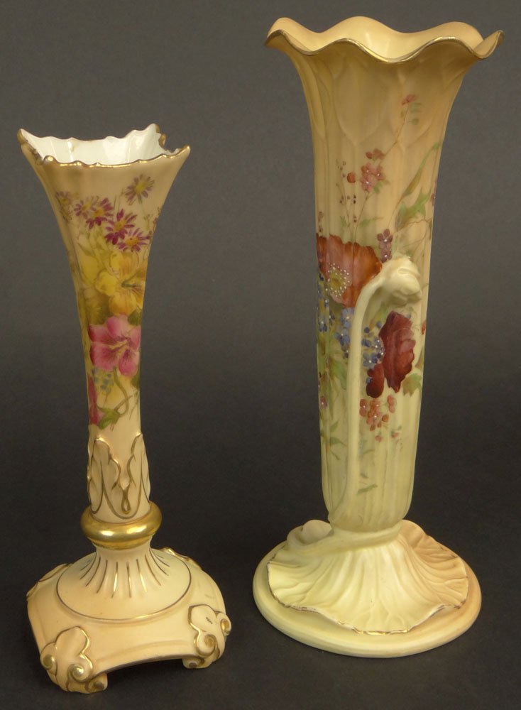 Two (2) Piece Lot of 20th C Royal Worcester Porcelain: Two (2) Piece Lot of 20th C Royal Worcester Porcelain Vase. Each Hand Painted with Floral motif with Gilt Accents. Both are signed with Royal Worcester Backstamp, one is dated 1908, one is dated 1909.