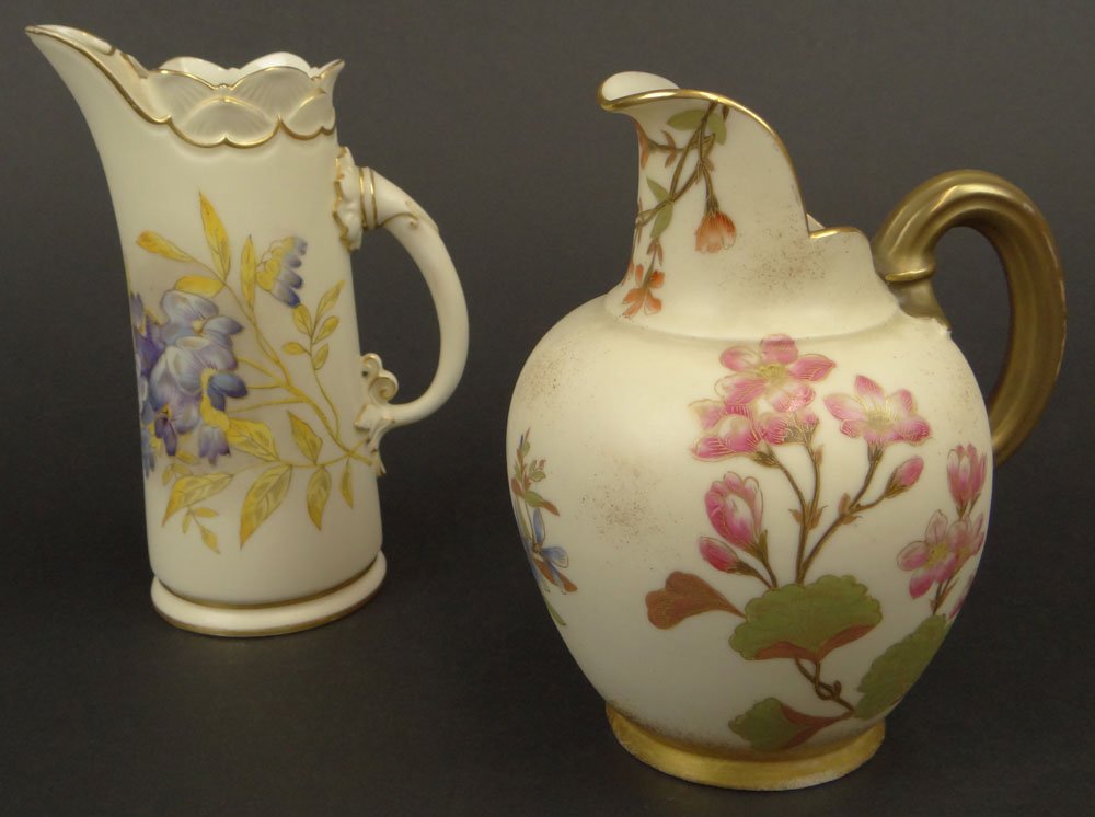 Two (2) Piece Lot of 19th C Royal Worcester Porcelain: Two (2) Piece Lot of 19th C Royal Worcester Porcelain Pitchers. Each Hand Painted with a floral motif with Gilt Accents. Both are signed with Royal Worcester Backstamp, one is dated 1886, one is dated
