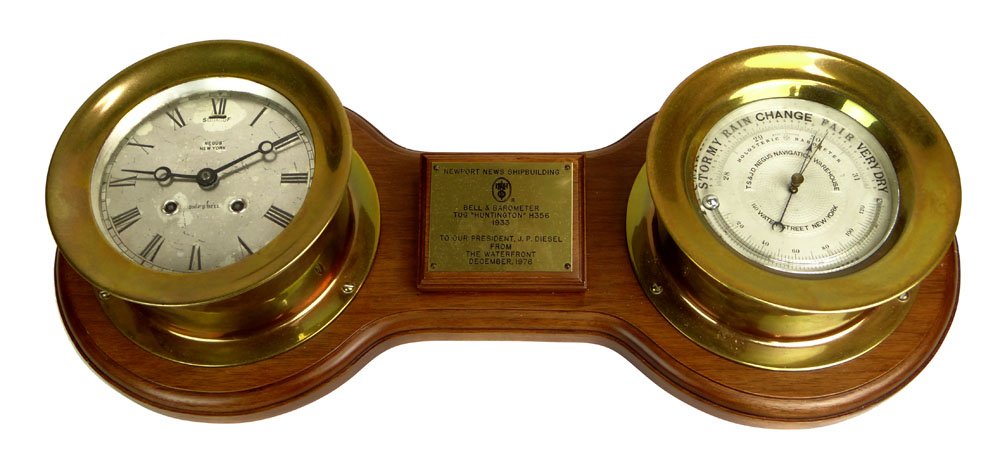 Negus New York Brass Ships Bell Clock and T.S. & J.D.: Negus New York Brass Ships Bell Clock and T.S. & J.D. Negus New York Brass Ships Barometer Mounted on a Custom Made Walnut Plaque with Brass Plaque that Reads "Newport News Shipbuilding Bell & Baromet
