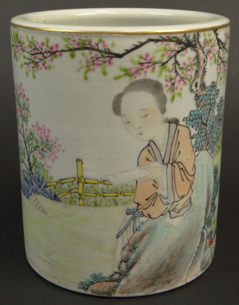 Chinese Famille Rose Decorated Porcelain Brush Pot with: Chinese Famille Rose Decorated Porcelain Brush Pot with Calligraphy. Red Seal Mark to Calligraphy. Minor Rubbing to Gilt Rim Otherwise Very Good Condition. Measures 6 Inches Tall and 5-1/8 Inches Wide