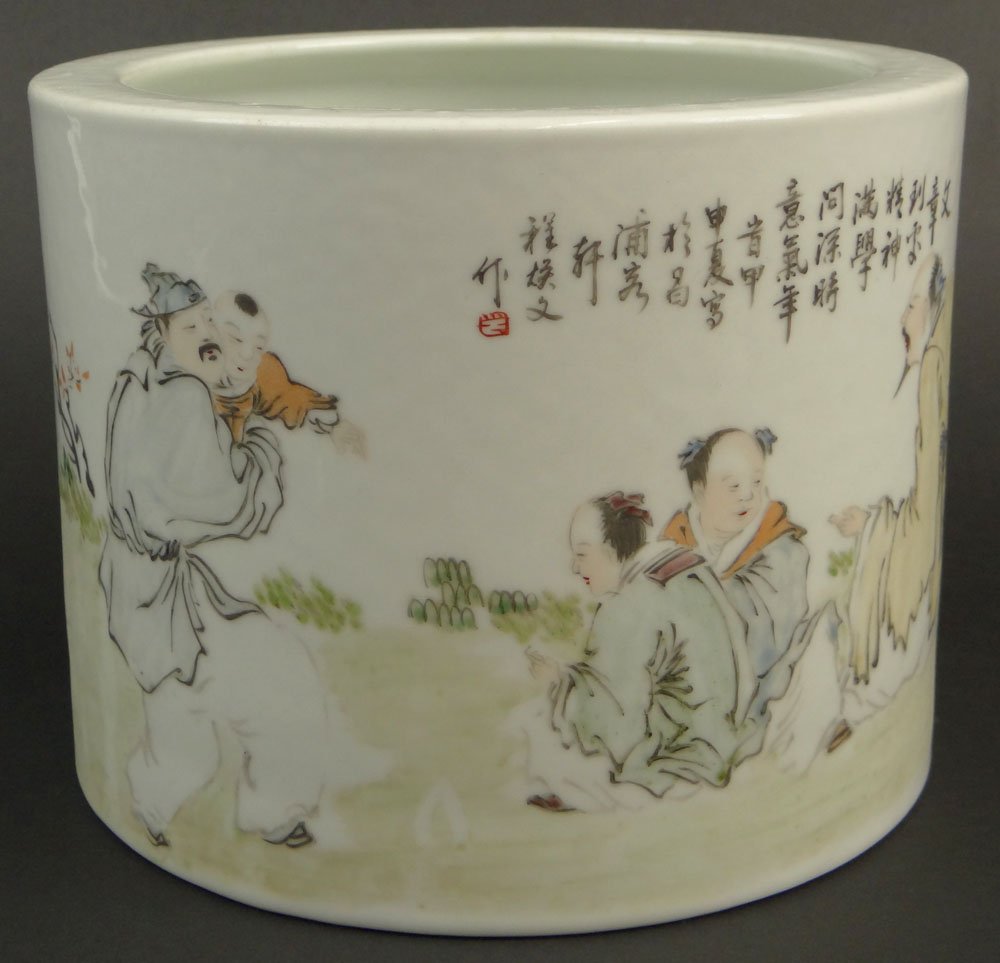 Chinese Porcelain Brush Pot with Calligraphy. Red Seal: Chinese Porcelain Brush Pot with Calligraphy. Red Seal Mark to Calligraphy Otherwise Unsigned. Good Condition or Better. Measures 6 Inches Tall and 7-1/2 Inches Diameter. Domestic Shipping $42.00