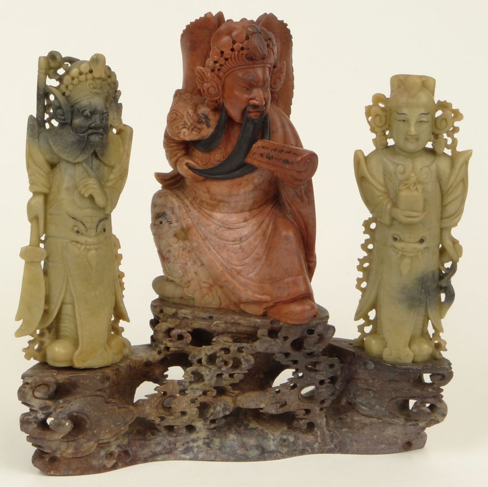 Early 20th Century Chinese Carved Soapstone Group: Early 20th Century Chinese Carved Soapstone Group "Three Immortals". Well Carved In Various Colors. Unsigned. Good To Very Good Condition. Measures 9-1/2 Inches Tall, 9 Inches Wide, 3 Inches Deep. Dom