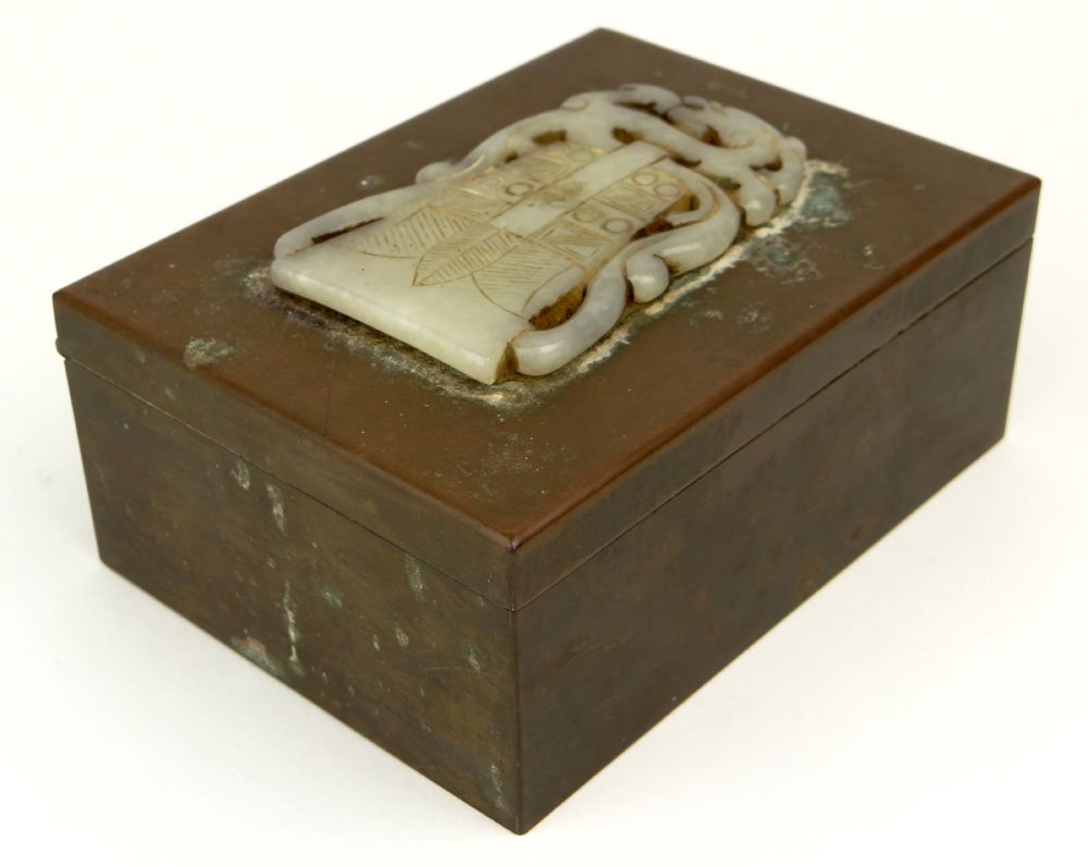 Antique Copper Hinged Box with Applied White Jade: Antique Copper Hinged Box with Applied White Jade Medallion. Unsigned. Antique Condition, with surface scratches and patina. Measures 2 Inches by 5 Inches By 3-1/2 Inches The Medallion Measures 3-1/4 